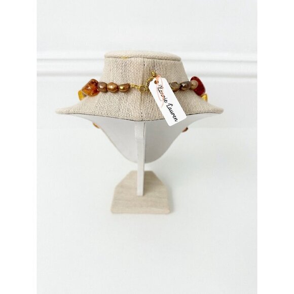 NWT Genuine Amber & Pearls Beaded Necklace Orange Gold Yellow - Picture 5 of 6